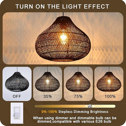 Karjear Black Rattan Chandelier, 16.5 inch Large Wicker Pendant Lights Fixture Hand-Woven Basket Hanging Light for Dining Room Kitchen Island Living Room