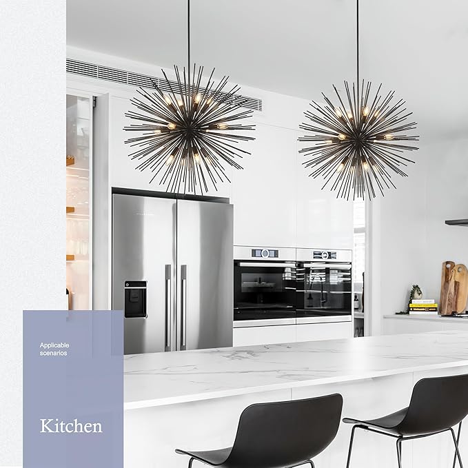 31.5" 12-Light Black Sputnik Chandelier Modern Industrial Foyer Light Fixtures, Adjustable Firework Globe Ceiling Fixture for Living Room, Entryway, Dining, Bedroom, Hallway, Stairway