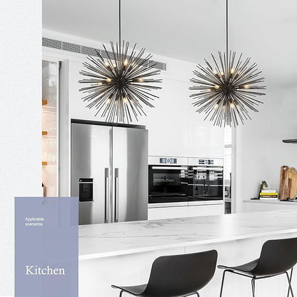 31.5" 12-Light Black Sputnik Chandelier Modern Industrial Foyer Light Fixtures, Adjustable Firework Globe Ceiling Fixture for Living Room, Entryway, Dining, Bedroom, Hallway, Stairway