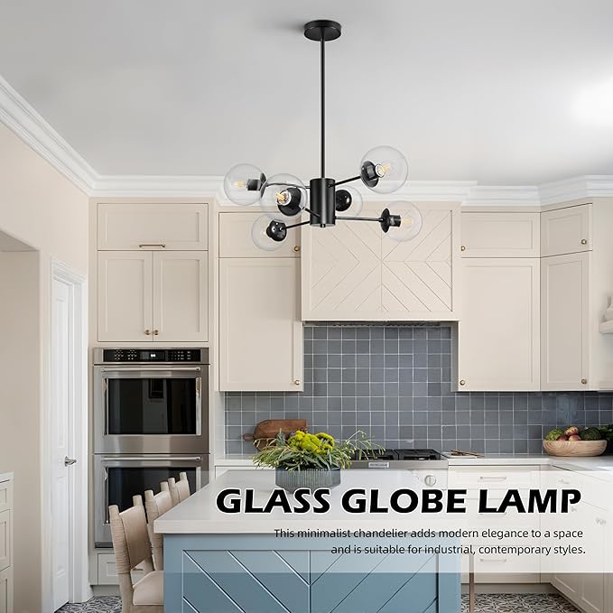 Bagood 6-Light Globe Sputnik Chandelier Modern Black Sputnik Chandelier Mid Century Pendant Light Matte Black Finished with Clear Globe Glass Lampshade Chandeliers for Dining Room Kitchen