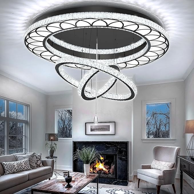 Flashing God W40'' Modern Chandeliers for Living Room Large Crystal Chandelier Flush Mount Crystal Ceiling Light LED Dimmable Pendant Light for Hallway Entryway Foyer Black