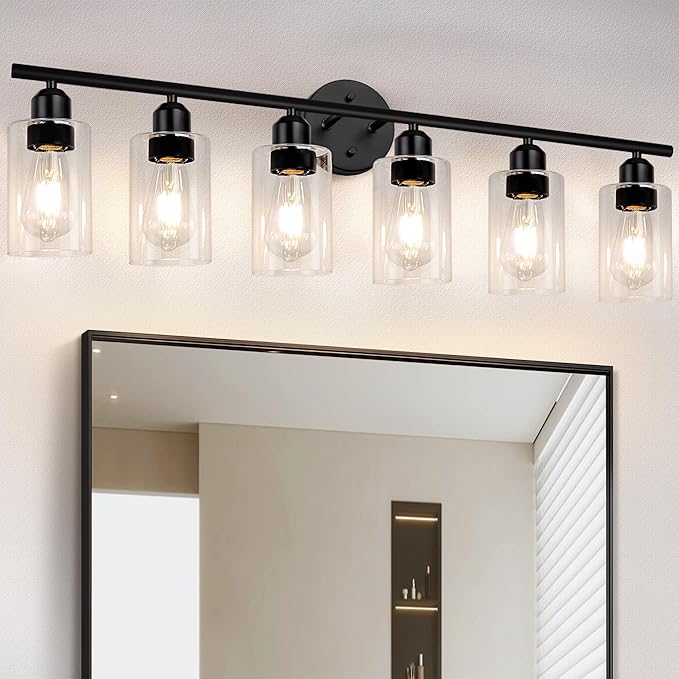 6 Lights Bathroom Vanity Light Fixtures Matte Black,Rustic Farmhouse Vanity Lighting Over Mirror Modern Industrial Lamp with Cylinder Glass Shade UL Certified