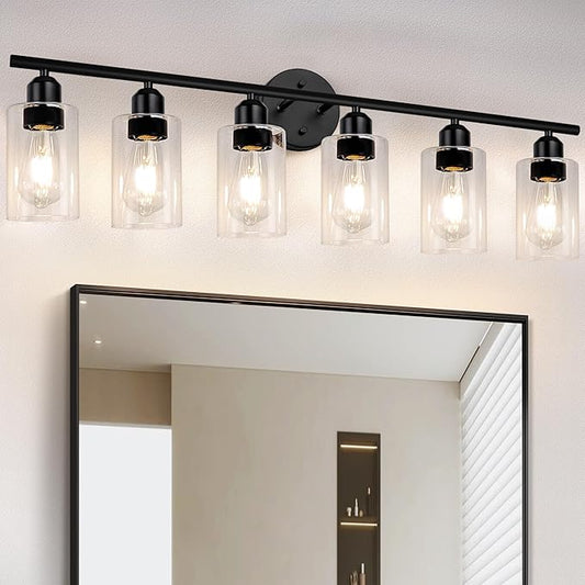 6 Lights Bathroom Vanity Light Fixtures Matte Black,Rustic Farmhouse Vanity Lighting Over Mirror Modern Industrial Lamp with Cylinder Glass Shade UL Certified