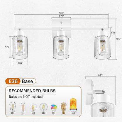 BoostArea White LED 3 Light Track Lighting Kit, 3 Way Ceiling Spot Lighting with Glass Lampshade, Flexibly Rotatable Light Head for Kitchen, Living Room, Bedroom, Bulb Not Included