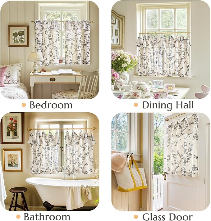 jinchan Floral Linen Kitchen Curtains with Attached Valance 24 Inch Length Farmhouse Cafe Tier Curtains for Living Room Bathroom Rustic Half Window Light Filtering Small Drapes 2 Panels Black