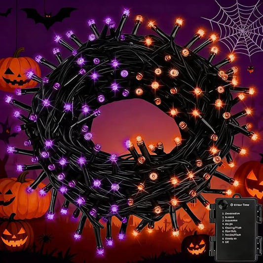 FairyGlim Purple&Orange Halloween Lights, 33FT 100 LED Outdoor String Light with Timer & 8 Modes, 3AA Battery Operated Waterproof String Light for Outdoor and Indoor Halloween Decor