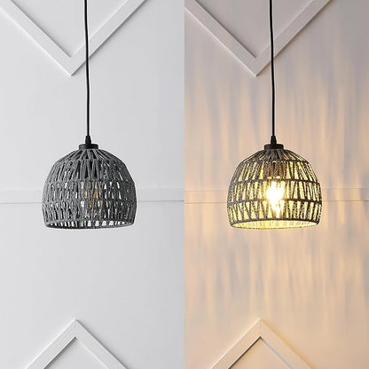 JONATHAN Y 8.25" Gray Modern Bohemian Woven Rope LED Pendant Light Fixture, Adjustable Dome Ceiling Lamp for Kitchen Island, Rope Shade, Coastal Farmhouse Decor (JYL6512D)