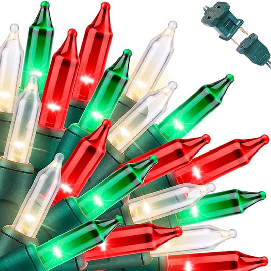 LAMPHOME Super-Bright Extendable Warm White Green red Christmas Lights Decoration 100Lights 19.6ft UL Certified Mini Bulb String Lights for Outdoor Christmas Tree Garden Patio Wedding Decor