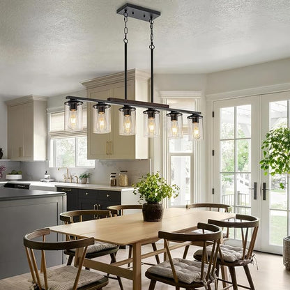 2026 Upgrade 40.15'' Large Dining Room Chandelier Over Table, 6-Light Wood Island Lights for Kitchen Island Lighting, Farmhouse Dining Room Light Fixture Black Farmhouse Chandeliers for Dining Room