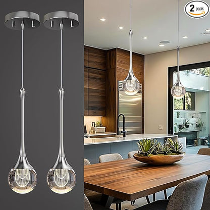 2-Pendant Lights Kitchen Island,Crystal Sliver Globe LED Chandelier, Modern Dimmable Adjustable Height Hanging Light Fixture,Sloped Ceiling,Bedroom,Dining Room