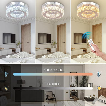 Dimmable LED Crystal Ceiling Light with Remote Mini Round LED Crystal Chandeliers Modern Flush Mount Ceiling Light Fixture Hallway Light Bedroom Bathroom Kitchen Office