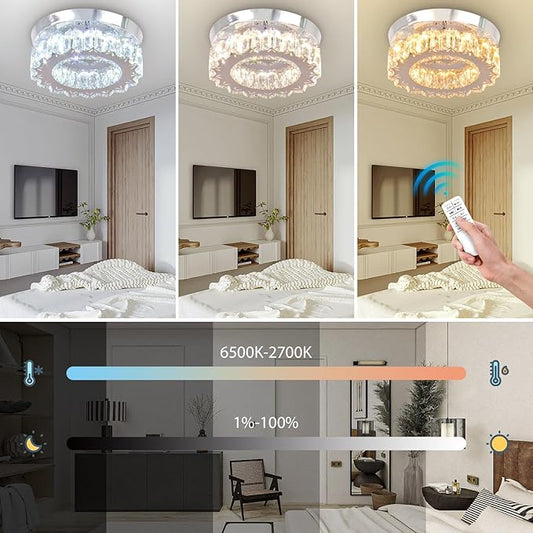 Dimmable LED Crystal Ceiling Light with Remote Mini Round LED Crystal Chandeliers Modern Flush Mount Ceiling Light Fixture Hallway Light Bedroom Bathroom Kitchen Office