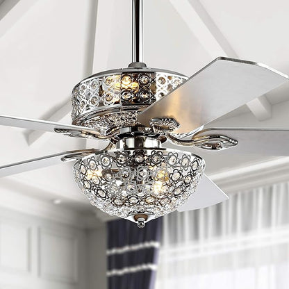 JONATHAN Y 52" Chrome 6-Light Iron and Wood Ceiling Fan, Modern Glam Filigree Dome, 5 Reversible Silver/White Blades, Remote Control, ETL Listed, LED Bulbs Included JYL9602A