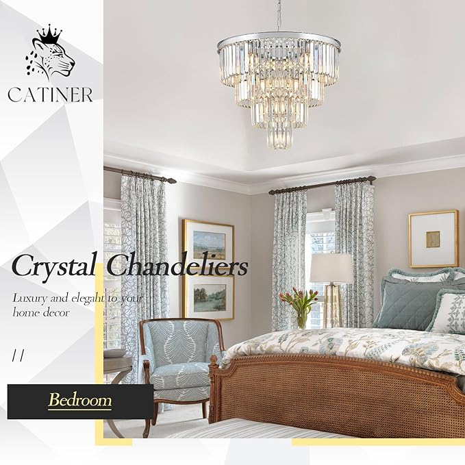CATINER Modern Chrome Crystal Chandeliers 24” Luxury Chandeliers 4-Tier 12 Lights K9 Crystal Round Ceiling Pendant Light Fixture Contemporary for Living Dining Room Foyer Staircase Bedroom