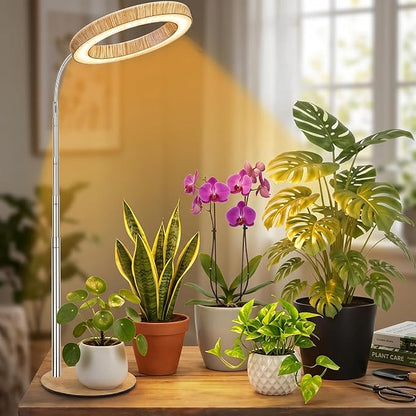 Grow Light for Indoor Plants Full Spectrum, Desk LED Plant Light with Faux Wood Grain, 12"-43" Height Adjustable, Auto On/Off Timer 3/9/12H, 3 Modes 10 Dimmable Levels for Succulents, Herbs