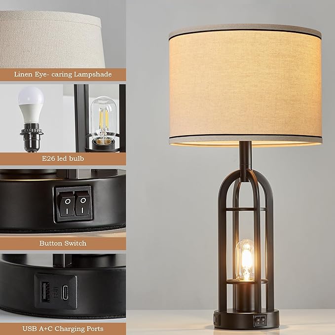 SRJJA Black Table Lamps for Living Room Set of 2 - Farmhouse Industrial Lamps for Night Stands with Night Light & USB A+C, 24" Rustic Bedside Lamp for Bedroom, Bulbs Included