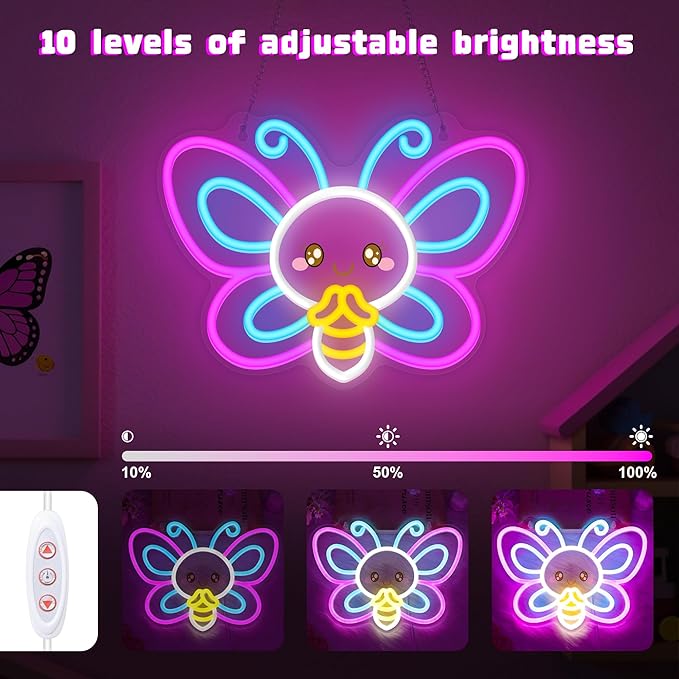 OkiyiD Butterfly Neon Sign – Cute Aesthetic Wall Decor for Girls Room Bedroom Vanity, USB Powered LED Light with Hanging Kit, Dimmable Night Light, Unique Gift for Her