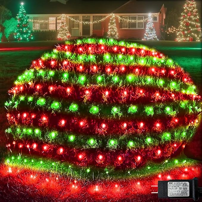 Pooqla Christmas Net Lights, 300LED Outdoor Net Mesh Lights, 14.8x4.9 ft Fairy String Lights 8 Modes Green Wire, Connectable Waterproof Decorative for Bushes Tree Yard, Red and Green