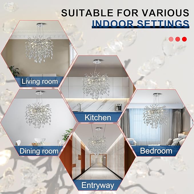 Modern Crystal Tree Branches Chandelier, 18in Silver 6 Lights Large Ceiling Hanging Light for Dining Room, Round Raindrop Pendant Light Fixture