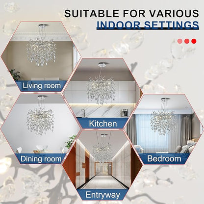 Modern Crystal Tree Branches Chandelier, 18in Silver 6 Lights Large Ceiling Hanging Light for Dining Room, Round Raindrop Pendant Light Fixture