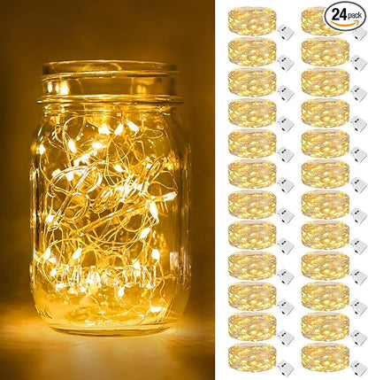 btfarm 24 Pack Fairy Lights Battery Operated [3 Modes], 7ft 20 Led Twinkle Lights String Lights Waterproof Bulk Small Mini Silver Wire for Christmas Mason Jars Wedding Table Centerpiece, Warm White