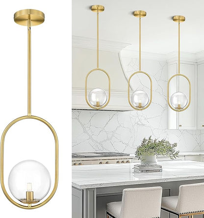 AUTELO Gold Pendant Lights, 1-Light Pendant Lights Kitchen Island in Brushed Gold Finish with Clear Globe Glass, Mid Century Pendant Light Fixtures, Gold Hanging Lights for Kitchen Island H9376 CLBG