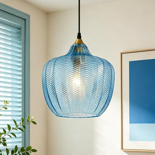 Modern Gold Pendant Light, Blue Glass Farmhouse Kitchen Island Pendant Light Fixture Adjustable Vintage Hanging Ceiling Light for Dining Room Corridor 9.45 inch 1 Pack, UL Certification