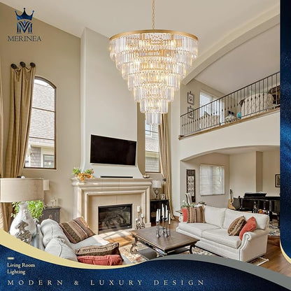 Large Crystal Chandelier Modern Gold 36" Round Chandeliers for Staircase 22 Lights 7-Tier Luxury K9 Crystal Ceiling Pendant Light Fixture for High Ceiling Living Room Foyer