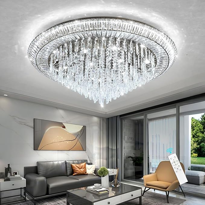 Modern LED Crystal Chandelier for Living Room Dimmable Large Ceiling Light Fixture Round Raindrop Chandeliers for Dining Room Entryway Bedroom Foyer Black