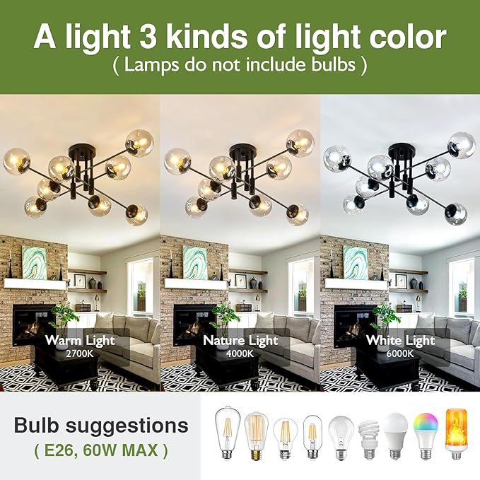 8 Light Glass Globe Ceiling Light Black Mid Century Flush Mount Sputnik Light Fixture Bubble Chandelier Living Room Farmhouse for Dining Room Kitchen Bedroom.