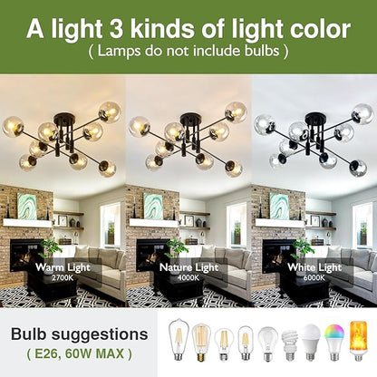 8 Light Glass Globe Ceiling Light Black Mid Century Flush Mount Sputnik Light Fixture Bubble Chandelier Living Room Farmhouse for Dining Room Kitchen Bedroom.