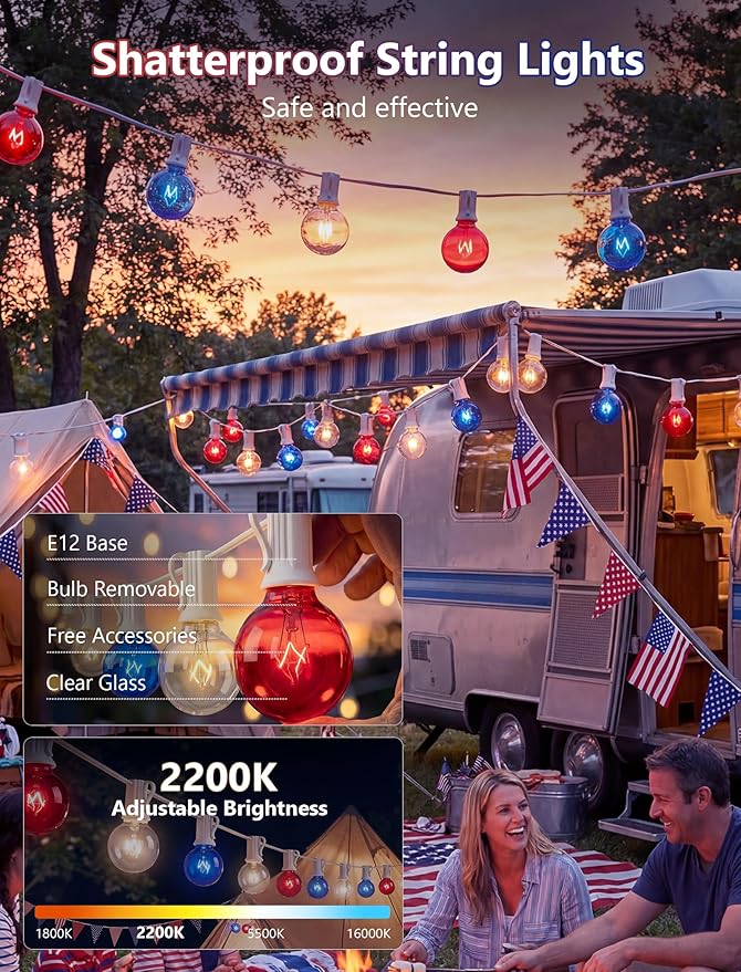 25FT G40 Red White and Blue Lights, 4th of July Outdoor String Lights with 27 Shatterproof G40 Bulbs(2 Spare), Independence Day for Patriotic Party Patio Garden Backyard Decor, 5W