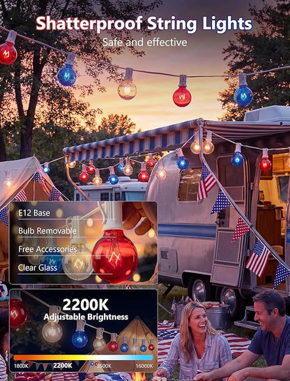 25FT G40 Red White and Blue Lights, 4th of July Outdoor String Lights with 27 Shatterproof G40 Bulbs(2 Spare), Independence Day for Patriotic Party Patio Garden Backyard Decor, 5W