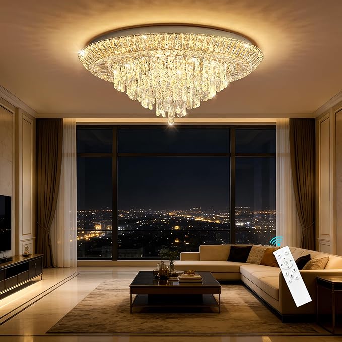 Modern Silver Crystal Chandelier LED Ceiling Light Fixture Raindrop Chandeliers Dimmable Lighting for Living Room Dining Room Entryway Bedroom