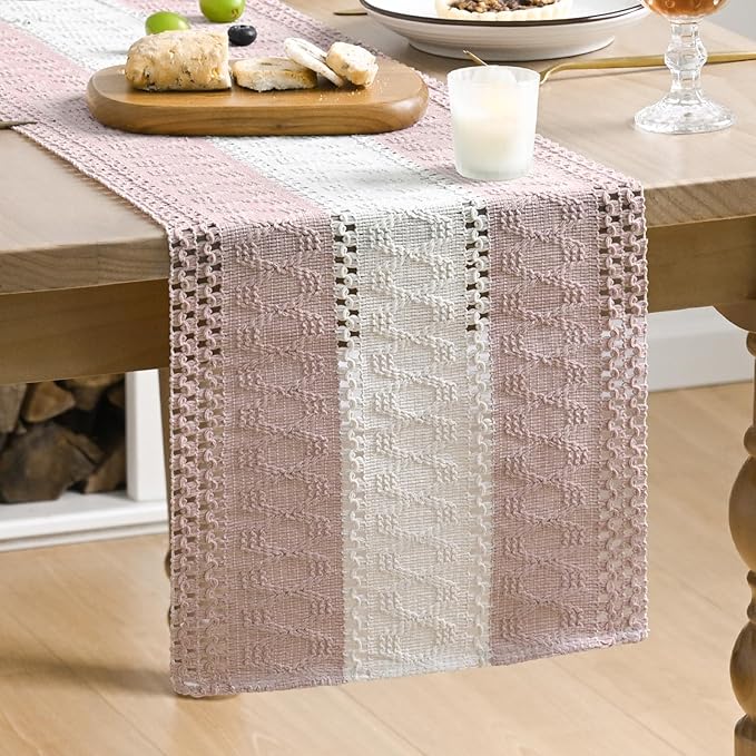 Artoid Mode Pink Farmhouse Rustic Table Runner, Seasonal Hollow Kitchen Dining Table Decoration for Home Party Decor 12x90 Inch