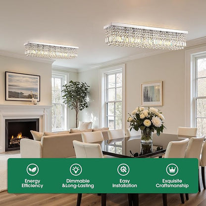 Modern Crystal Chandeliers for Dining Room Light Fixture, 8-Light Rectangle Chandelier Ceiling Light for Kitchen Island Living Room, L39.4 Inch, Chrome Finish