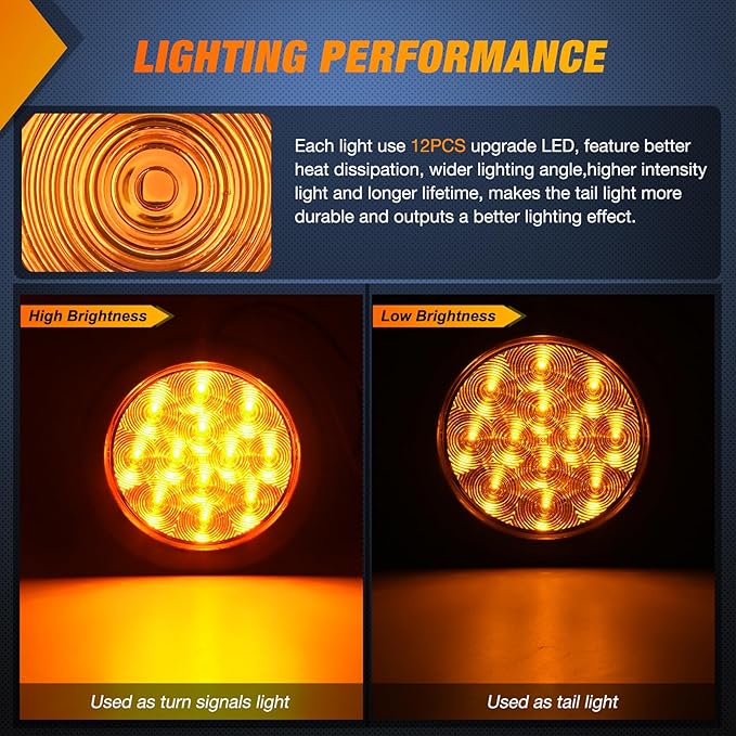 Nilight 4Inch Round Trailer Tail Light with Flush Mount Grommets Plugs w/Mounting Brackets 2PCS Amber Waterproof Turn Signals Lights for RV Truck