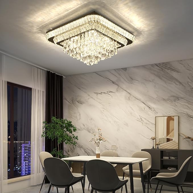 COCOSTAR Crystal Chandeliers, Modern Led Luxury Chandelier, 34" Suqare Flush Mount Chandelier Ceiling Light, Raindrop Chandeliers for Dining Room, Living Room, Bedroom