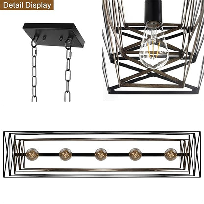 Sigaitwei 33.5''Farmhouse Dining Room Light Fixture,5-Light Kitchen Island Lighting,Industrial Chandelier for Dining Room Over Table Kitchen,Large Linear Chandelier with Retro Wood Texture Interior