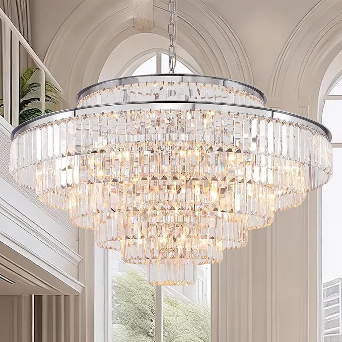 Large Crystal Chandelier Luxury Pendant Ceiling Lights Fixture Hanging Raindrop Pendant Light Fixture for Dining Room Bedroom Living Room-Chrome, 39 Inch