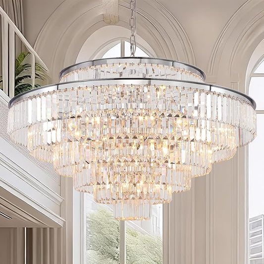 Large Crystal Chandelier Luxury Pendant Ceiling Lights Fixture Hanging Raindrop Pendant Light Fixture for Dining Room Bedroom Living Room-Chrome, 39 Inch