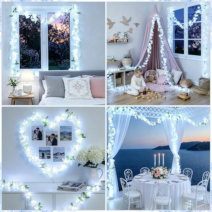 JMEXSUSS 48 LED White Flower Lights, Battery Artificial Flower Garland with Lights, 15.75 FT Climbing Weeping Jasmine Fairy Light with Flower Vines Garland for Spring Wedding Bedroom Decor(Cool White)