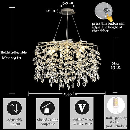 Modern Silver Crystal Tree Branch Chandelier, Art Deco Raindrop Lighting Fixture for Dining Room Living Room 9 Lights D23.7''