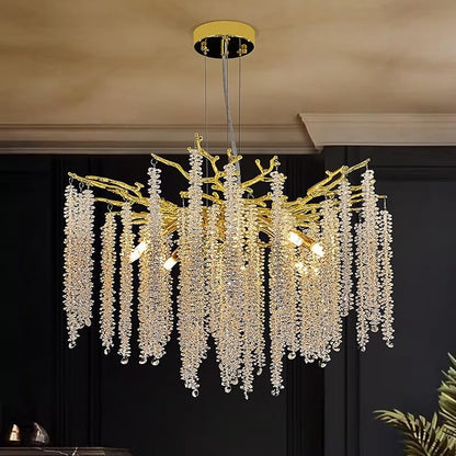 Benkut Modern Tree Branch Crystal Chandelier Luxury Gold Raindrop Pendant Lighting 23.6" Contemporary 8-Light Chandeliers for Dining Room Kitchen Bedroom Living Room