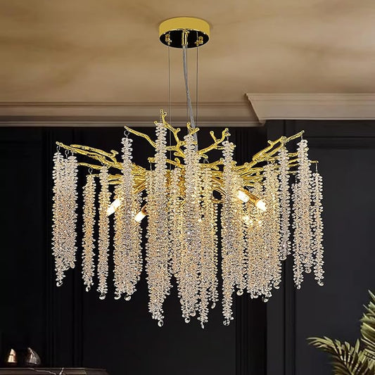 Benkut Modern Tree Branch Crystal Chandelier Luxury Gold Raindrop Pendant Lighting 23.6" Contemporary 8-Light Chandeliers for Dining Room Kitchen Bedroom Living Room