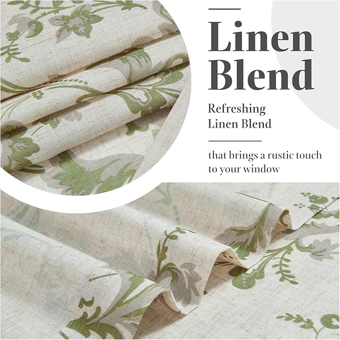 jinchan Linen Kitchen Curtains 36 Inch Vintage Floral Tier Curtains Farmhouse Cottage Cafe Rod Pocket Country Small Window for Laundry Room Bathroom RV 2 Panels Green on Beige