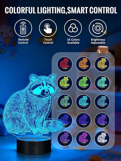 Lampeez Raccoon 3D Night Light for Kids, LED 16 Colors Remote Control Changing Touch Dimmable Table Desk Lamp, Cute Animal Gifts for Raccoon Lovers Animal Fans