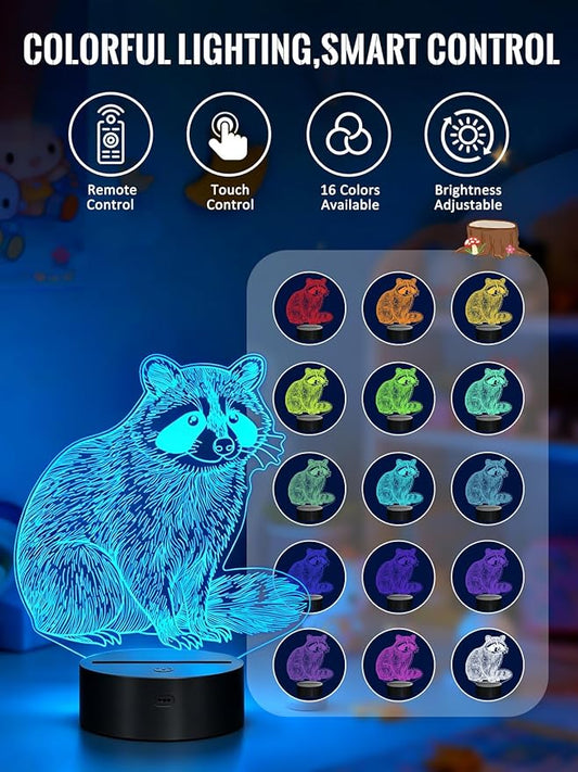 Lampeez Raccoon 3D Night Light for Kids, LED 16 Colors Remote Control Changing Touch Dimmable Table Desk Lamp, Cute Animal Gifts for Raccoon Lovers Animal Fans