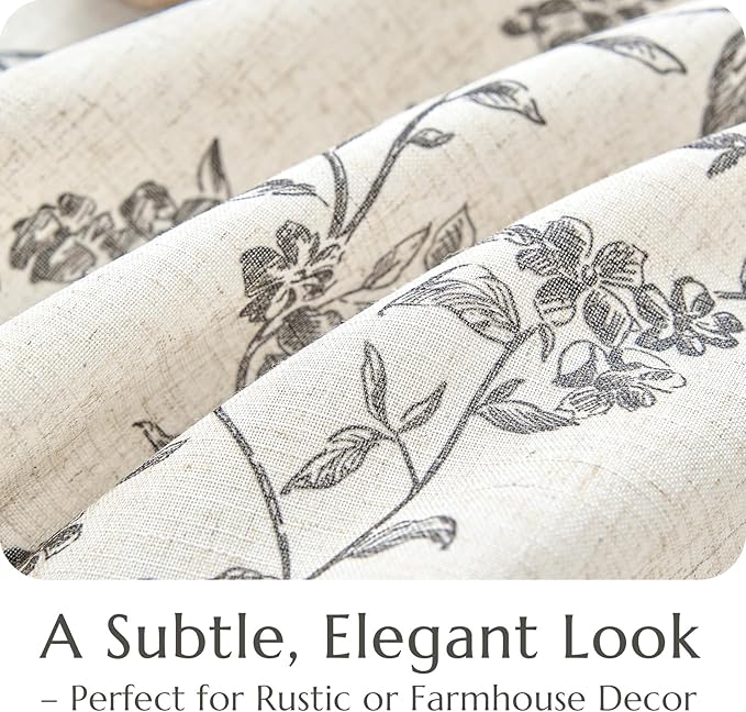 jinchan Floral Linen Kitchen Curtains with Attached Valance 24 Inch Length Farmhouse Cafe Tier Curtains for Living Room Bathroom Rustic Half Window Light Filtering Small Drapes 2 Panels Black