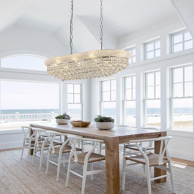 Rectangle Crystal Chandeliers for Dining Room, L36 inch Rectangular Oval Light for Kitchen Island (Chrome)